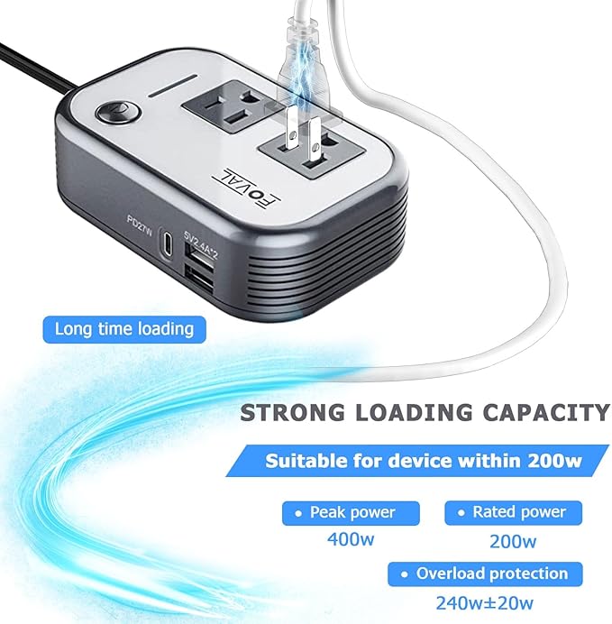 FOVAL 200W Car Power Inverter, DC 12V to 110V AC Car Laptop Charger Fast Charger Converter with [27W PD USB-C] & Dual USB Ports Multi-Protection Car Outlet Adapter Power Inverter for Vehicles