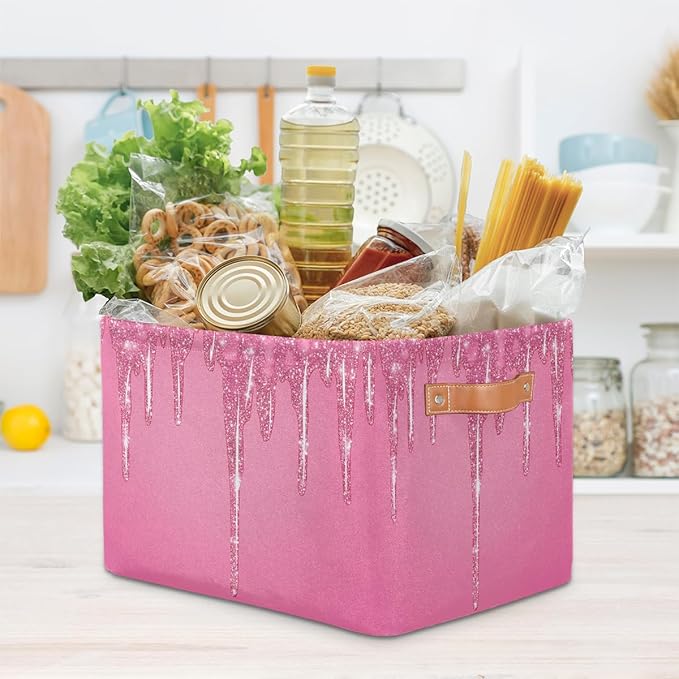 Pink Sparkly Storage Baskets for Organizing, Fabric Collapsible Storage Bins Box Pink Glitter Decorative Toy Organizer Baskets for Closet Shelves Gift Basket 1 Pc