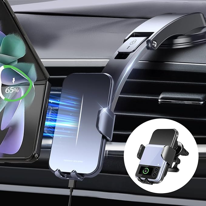 Wireless Car Charger for Samsung Galaxy Z Flip, 15W Charging [AUTO MOVING COIL], Dash Air Vent Auto-Clamping Car Phone Holder Charger Mount Wireless Charging for iPhone 17/16/15, Galaxy Z Flip 7/6/5/4