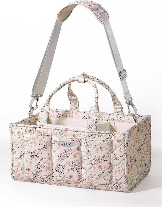 Baby Essentials Cute Floral Diaper Caddy Organizer – Portable Storage Basket with Shoulder Strap & Stroller Hooks, Splashproof Quilted Nursery & Car Tote for Baby Shower, Beige Floral