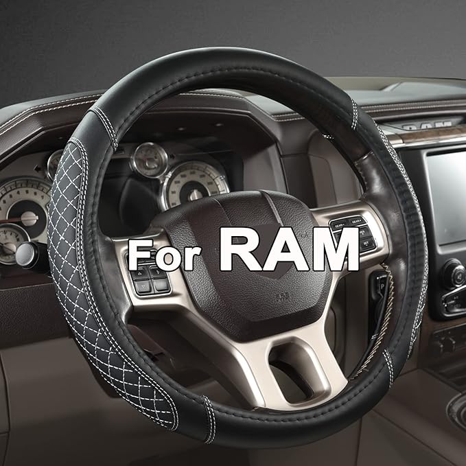 West Llama Customized Auto Car Steering Wheel Cover for Dodge RAM 1500 2500 3500, 15.5-16 inch (Diamond Quilted-Black+Gray-Large Size)