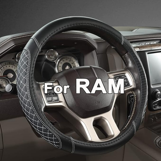 West Llama Customized Auto Car Steering Wheel Cover for Dodge RAM 1500 2500 3500, 15.5-16 inch (Diamond Quilted-Black+Gray-Large Size)