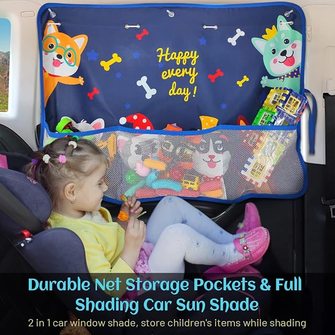 DIZA100 2 Pack Car Window Shade for Baby, Blackout Car Sun Shades with Storage Pockets, 7 Suction Cups, Blue, Cute Patterns for Sun/Heat/UV Rays Protection, Standard Passenger Cars