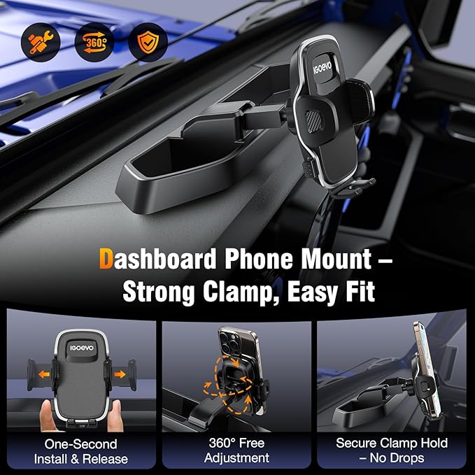 Dashboard Phone Mount for Jeep Wrangler JL JLU & Gladiator JT (2018–2023) – Storage Tray Organizer with Metal Clamp Arm & Extension Rod, Scratch-Free Silicone Base, No-Rattle Design, Not for 4xe