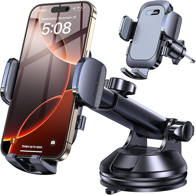 Romuto Car Phone Holder Mount【Strongest Suction】 Phone Mount for Car Cell Phone Holders for Your Car Accessories for Women Men Dashboard/Windshield/Vent/Camera Mounts Stand Holder for iPhone Samsung