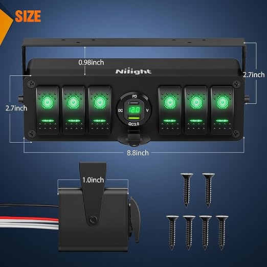 Nilight 6 Gang Rocker Switch Box 12V SPST ON Off Toggle Switches PD Type C and QC 3.0 USB Charger Voltmeter LED Light Waterproof Aluminum Mount Bracket Panel DIY Stickers for Boat Car RV Truck