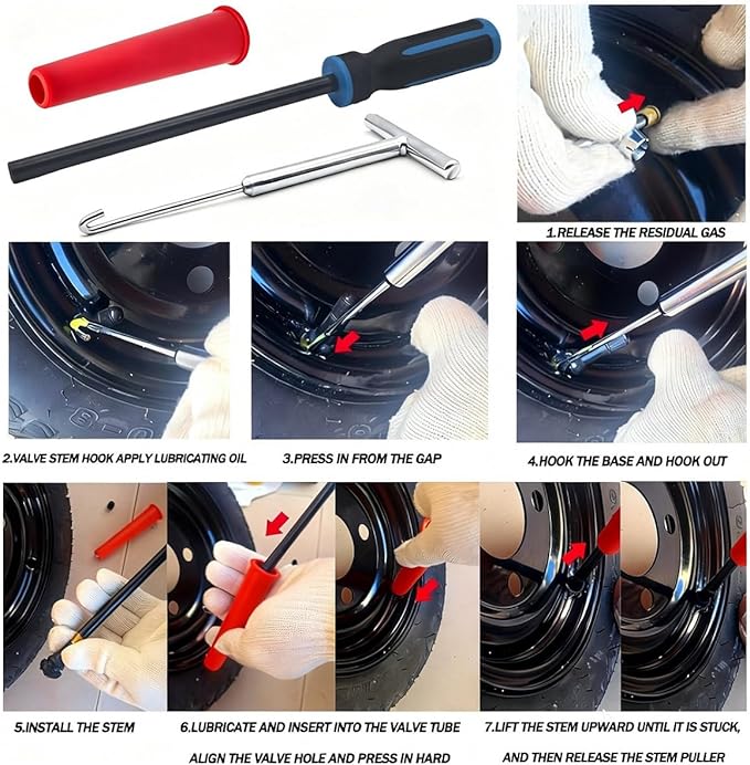 Valve Stem Removal Tool with Heavy Duty Hook & Longer Puller,Tire Valve Stem & Core Replacement Installation Tool Kit,without Tire Removal,Tire Pressure Checking, for Cars Motorcycles Lawn Mowers ATVs