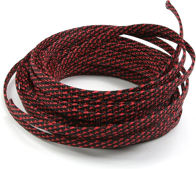 Aicosineg 32.81ft PET Flexible Braided Cable Sleeve 0.25inch Width Wire Loom Sleeving and Organizer Flexible Wire Mesh Sleeve Wrap Protector for TV Audio PC Cords from Pets Chewing Black and Red