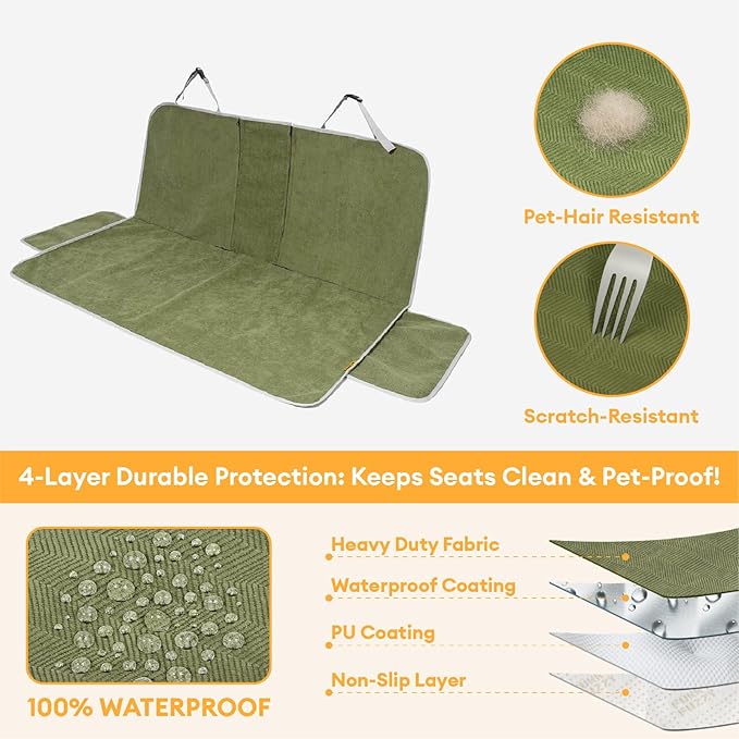 FUNNY FUZZY Dog Car Seat Cover for Back Seat, Back Seat Pet Cover for Dogs Waterproof, Scratchproof Dog Backseat Cover, Non-Slip Bench Car Seat Protector, Universal Fit Most Cars, SUVs, Trucks, Green