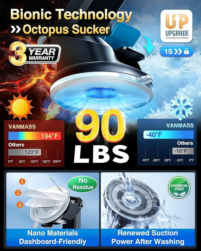 VANMASS Phone Holders for Your Car 2026 Upgraded Military-Grade Car Phone Holder【90+LBS Strongest Suction】Cell Phone Mount Truck Stand for Dashboard Windshield Vent for iPhone 17 Pro Max 16 15 Android
