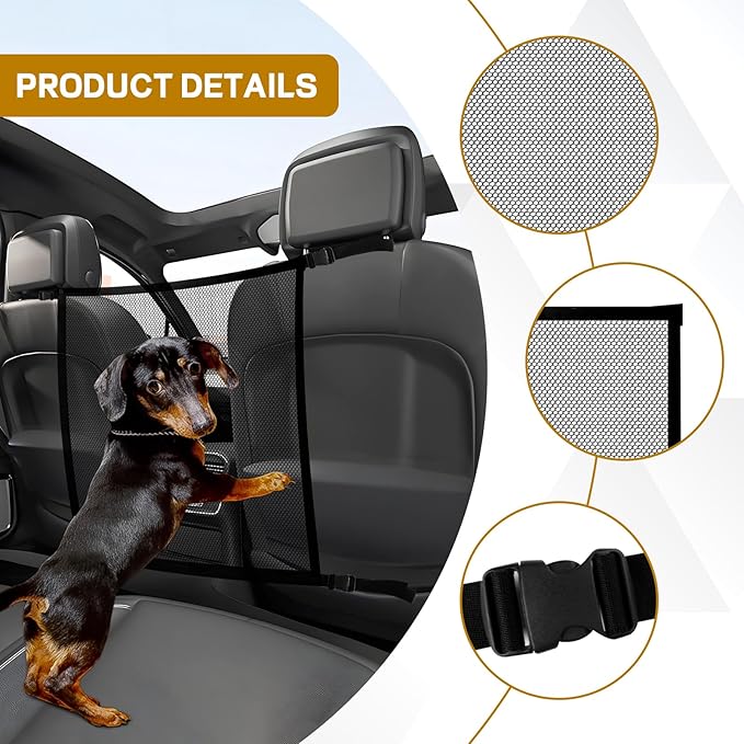 Dog Car Net Barrier, 21"×21" Automotive Pet Barrier Net, Adjustable Pet Mesh Divider for Back Seat, Backseat Mesh Fence for Pets & Kids, Easy to Install, Universal Car Accessories (Small)