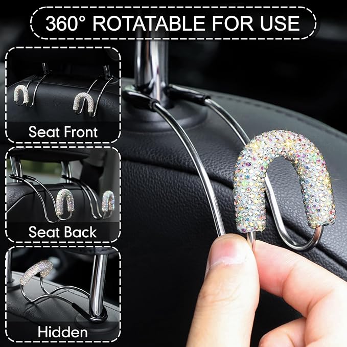 Soleebee 2 Pack Bling Car Headrest Hooks Crystal Rhinestones Universal Car Seat Hook Auto Hook Durable Car Back Seat Hangers Storage Organizer (AB Color)