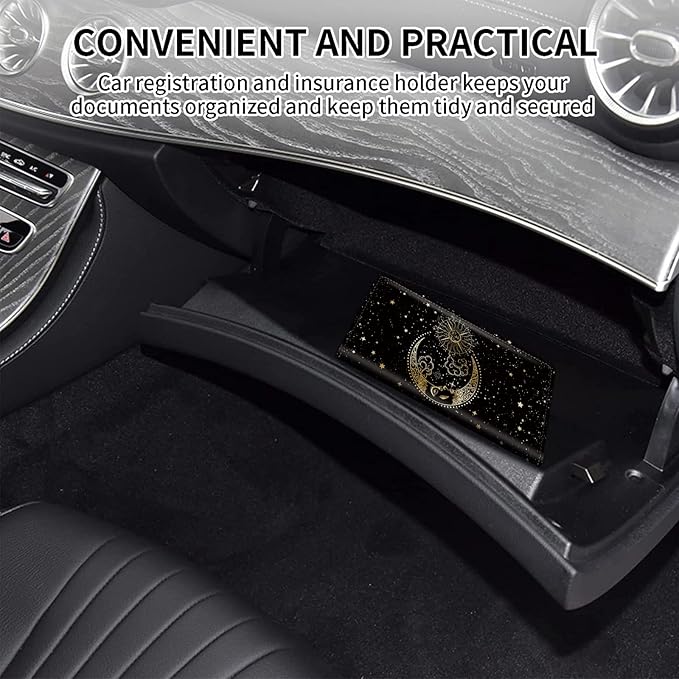 Car Registration and Insurance Card Holder, Premium Leather Vehicle Wallet Cover for Glove Box Car Organizer Drivers License/Cards/ID - Essentials Document Holder, Sun Moon Stars