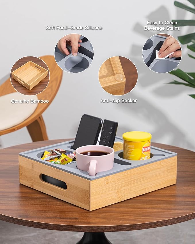Couch Cup Holder with Lid, Silicone Bed Caddy with Cup Holder, Bed Organizer for Drinks, Snacks, Remotes, Bamboo Couch Caddy for Sofa, Bed and Car(Dark Grey)