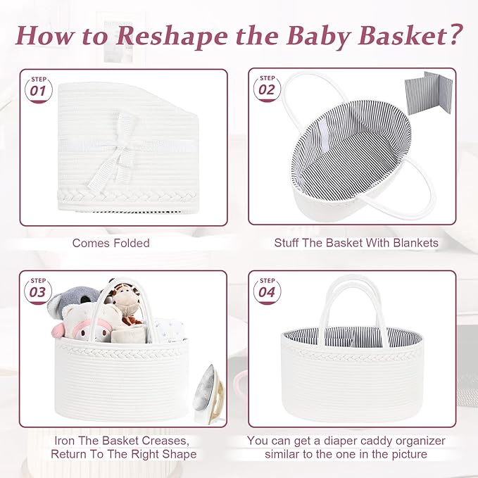 13.5L Baby Diaper Caddy Organizer, 15.3"x9.8"x7" Cotton Rope Diaper Basket, Changing Table Storage Caddy With Removable Divider, Baby Basket for Nursery, Car, Diapers, Baby Shower Gifts for Newborn