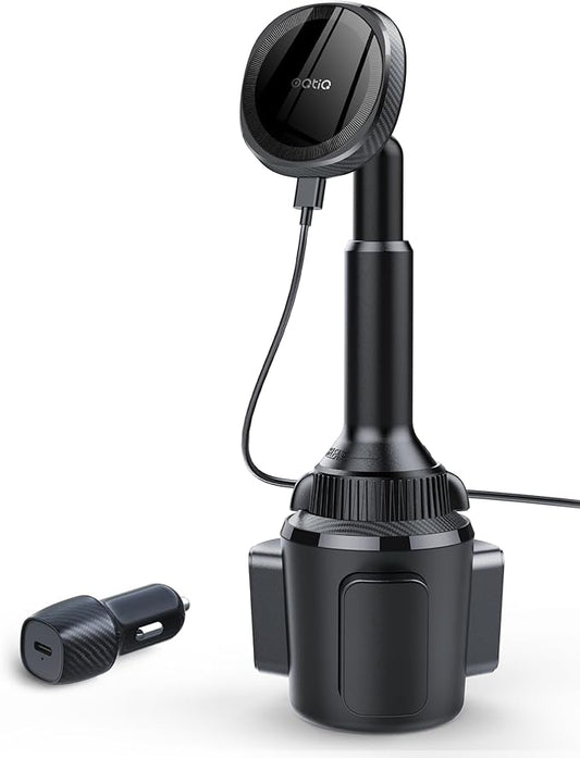 OQTIQ for MagSafe Wireless Car Charger Cup Holder Mount Compatible with iPhone 17/16/15/14/13/12, Magnetic Car Phone Mount 15W Fast Charging Telescopic Arm Heat Dissipation System, with PD 30W Adapter