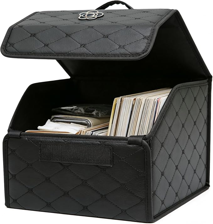 Tissting Car Storage Box, 15.35 x 12.2 x 11.42 inch PU Leather Trunk Suv Organizer with Lid, Black Garage Cargo Organizer for Camping Picnic Shopping