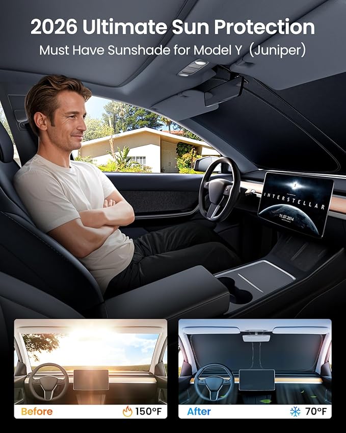 REEVAA Upgraded for Tesla New Model Y 2016-2026 (Juniper) Windshield Sunshade [Tailored Fit, 99% Sun Protection] Foldable Sun Shade Car Accessories with Storage Bag