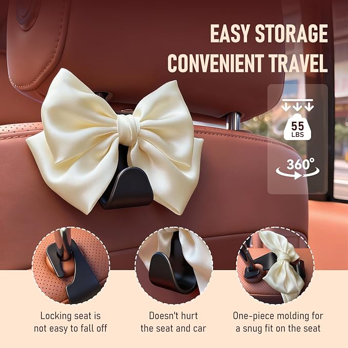 Car Seat Headrest Hook, Bow Car Purse Hooks, Auto Seat Hook Hangers Storage Organizer Interior Accessories for Purse Coats Umbrellas Grocery Bags Handbag, 2-Pack (White)