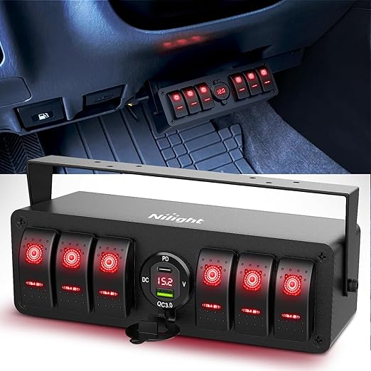 Nilight 6 Gang Rocker Switch Box 12V SPST ON Off Toggle Switches PD Type C and QC 3.0 USB Charger Voltmeter LED Light Waterproof Aluminum Mount Bracket Panel DIY Stickers for Boat Car RV Truck