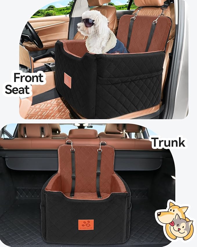 GL GLENSLAVE Dog Car Seat for Small/Medium Dogs Under 35lbs,Memory Foam Dog Booster Seats,Detachable and Washable Traval Pet Car Seat, Dogs Bed with 2 Safety Belts(Balck/Brown)