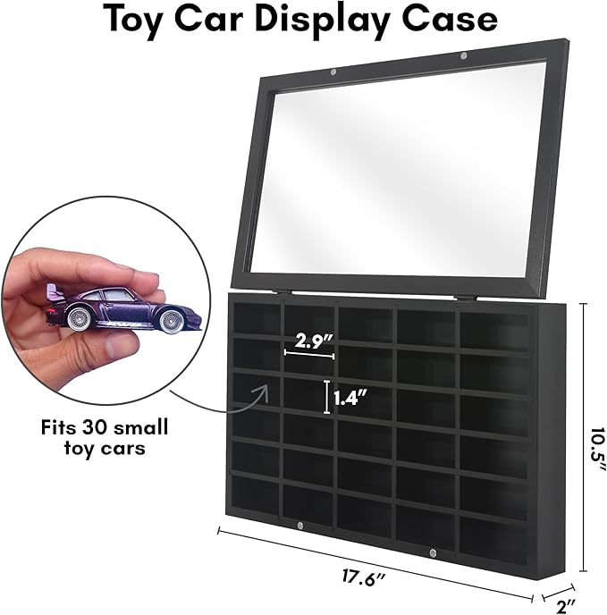Americanflat 11x18 Toy Car Display Case - Holds up to 30 Cars - Model Car Displays with Removable Shelves and Shatter-Resistant Glass - Wall Mounted Display Cases for Collectibles - Black