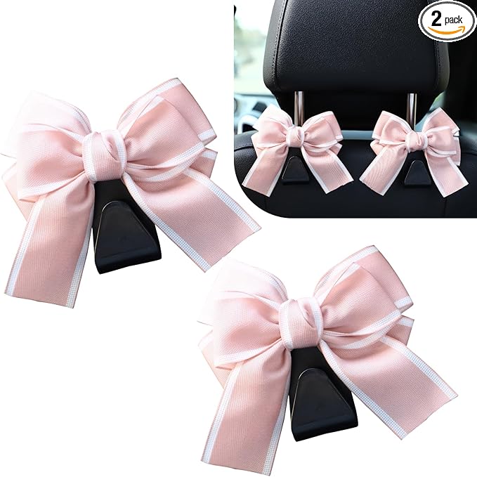 2PCS Car Seat Headrest Hooks, Car Purse Hooks, Cute Bow Shaped Auto Rear Seat Storage Hook Hanger for Purses and Bags, Auto Interior Decoration Accessory for SUV Sedan Truck (Pink)