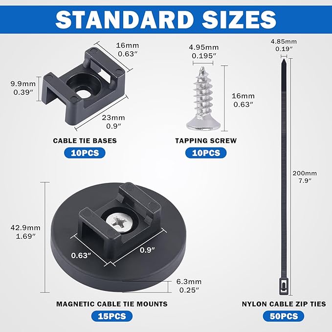 Magnetic Cable Zip Tie Mounts, 15 Pcs Heavy Duty Magnet Wire Holder Automotive Multipurpose & 50 Pcs Zip Ties & 20 Pcs Cable Tie Mounts with Tapping Screws for Wire Organization(43mm 85 Pcs)