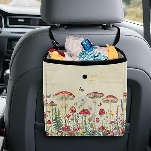 Butterfly Mushroom Dandelion Car Trash Bag Hanging, Garbage Bag and Water Resistant Trash Can for Car, Leakproof Trash Can for SUV Truck Car Accessories, Beige
