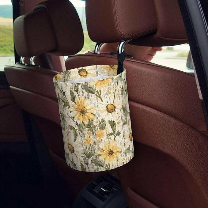 Car Trash Can Wood Grain Daisy Pattern Multipurpose Collapsible Leakproof Trash Bin Car Accessories for Car Automotive Truck SUV