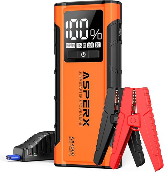 ASPERX AX4500 Jump Starter,4500A Peak Car Starter for Up to All Gas and 10.0L Diesel Engines,12V Battery Starter with 4 Inch LCD Display,Lithium Portable Car Battery Booster Pack