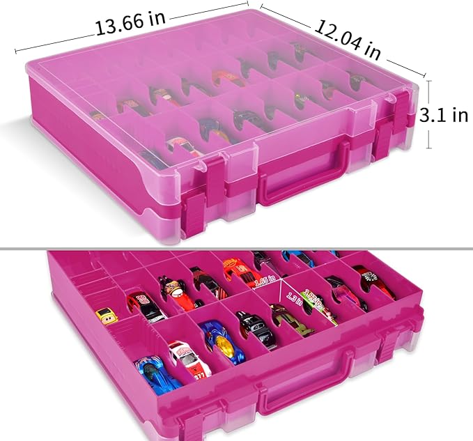 Double Sided Toy Storage Organizer Case for Hot Wheels Car, for Matchbox Cars, for Mini Toys, for Small Dolls. Carrying Box Container Carrier with 48 Compartments - Purple (Box Only)