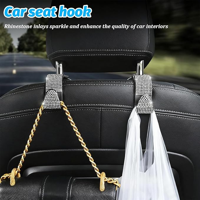 Zpana 4PCS Bling Car Seat Headrest Hooks, Vehicle Back Seat Purse Handbag Hanging Holder with Crystal Rhinestone, Diamond Storage Organizer Hook, Universal Automotive Accessories (Black/Blue)