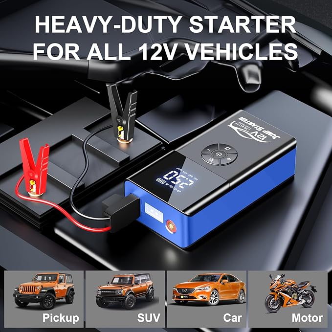 Jump Starter with Air Compressor, 8000A 180PSI, Portable Car Battery Jump Starter (All Gas/12L Diesel) 12V Automobile Jump Box Pack Chargers with Jumper Cables, 4-Mode LED Lights
