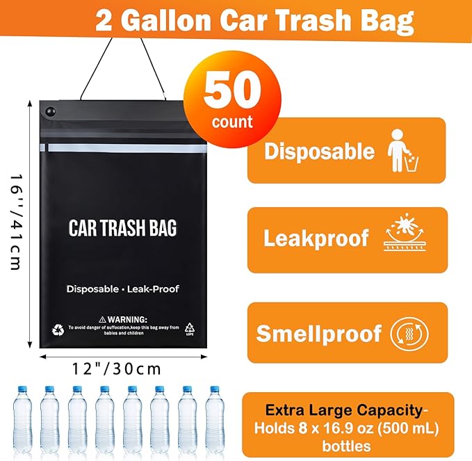 50 Count Recycled Disposable Car Trash Bags - 2 Gallon Heavy Duty Alternative to Bulky Car Trash Can & Car Garbage Can, Leakproof Smellproof Hanging & Stick-On Garbage Bag for Car, SUV, Truck, Vehicle