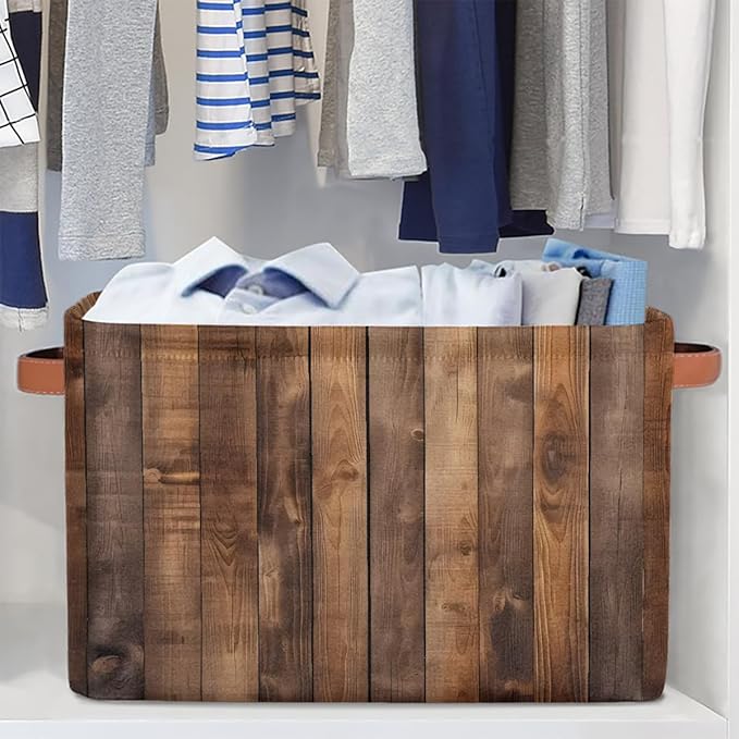 Rustic Wooden Board Storage Baskets for Organizing, Fabric Collapsible Storage Bins Box Retro Decorative Toy Organizer Baskets for Closet Shelves Gift Basket 1 Pc