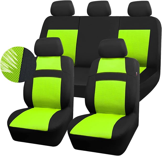 CAR PASS Seat Cover Full Sets, 3D Air Mesh Car Seat Cover with 5mm Composite Sponge Inside,Airbag Compatible Universal Fit for SUV,Vans,sedans, Trucks, Automotive Interior Covers(Lime Green)