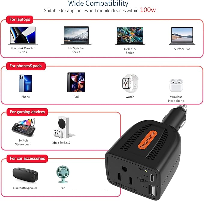 HearGrow100w Car Power Inverter, 12V DC to 110V AC Vehicles Converter with USB Ports，Plug Adapter Outlet and Fast Charging PD3.0 Type-C for Phones, Pads, Laptops and Computer Charger