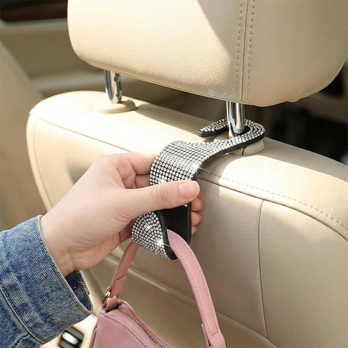 4PCS Bling Car Seat Headrest Hooks, Crystal Rhinestone Vehicle Back Seat Hanger Holder, Auto Interior Headrest Hanging Storage Organizer for Purse Handbag Coat, Universal Fit (Black)