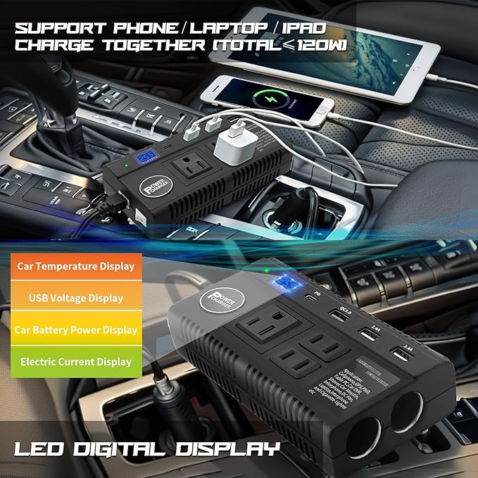Car Power Inverter 120W DC 12V 24V to AC 110V Car Charger Adapter with 3 AC Outlets Dual Cigarette Lighter 4 USB Ports Charger Quick Charging 3.0 for Phones Tablets Laptops Kindle (Black)