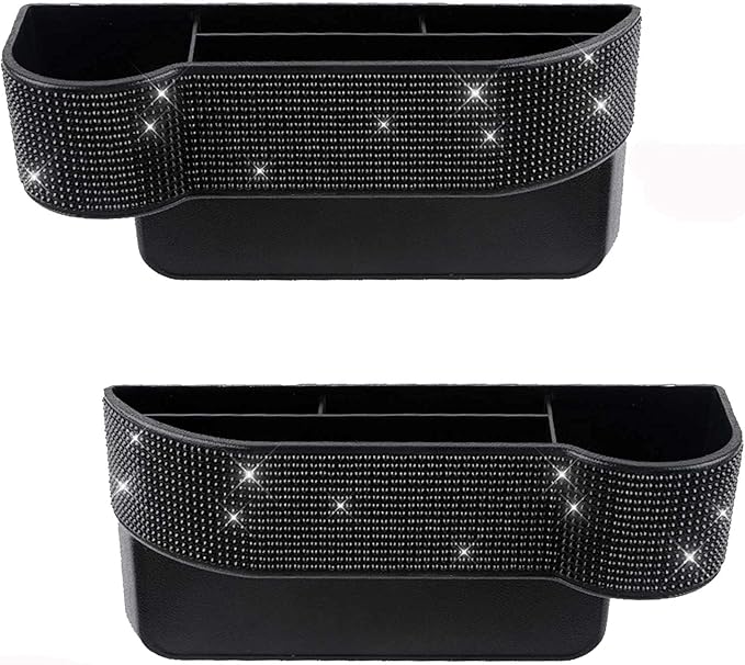Console Side Pocket, Diamond Crystal Car Seat Pockets Organizer Caddy Catcher Auto Filler Gap Bling Bling Car Console Side Pouchs for Cellphone Wallet Key (Black-2 PCS)