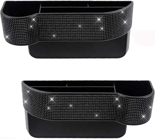 Console Side Pocket, Diamond Crystal Car Seat Pockets Organizer Caddy Catcher Auto Filler Gap Bling Bling Car Console Side Pouchs for Cellphone Wallet Key (Black-2 PCS)
