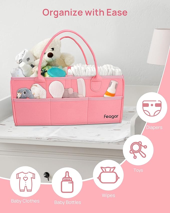 Feagar Baby Diaper Caddy Organizer, 15 Inch Large 2 Pack Set with 8 Pockets & 2 Dividers, Portable Nursery Storage Basket & Car Organizer for Changing Table, Travel (Pink)