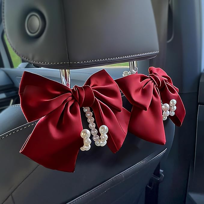 2 PCS Bow Pearl Car Seat Headrest Hook – Cute Purse Hook for Car, Girly Interior Decoration Accessories Hook Hanger, Seatback Holder for Purses & Bags, Elegant Car Organizer (Red)