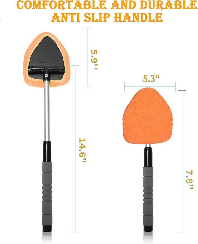 Windshield Cleaning Tool with Reusable Microfiber Pads Glass Wiper Kit, Extendable Handle Car Window Cleaner (1, Orange)