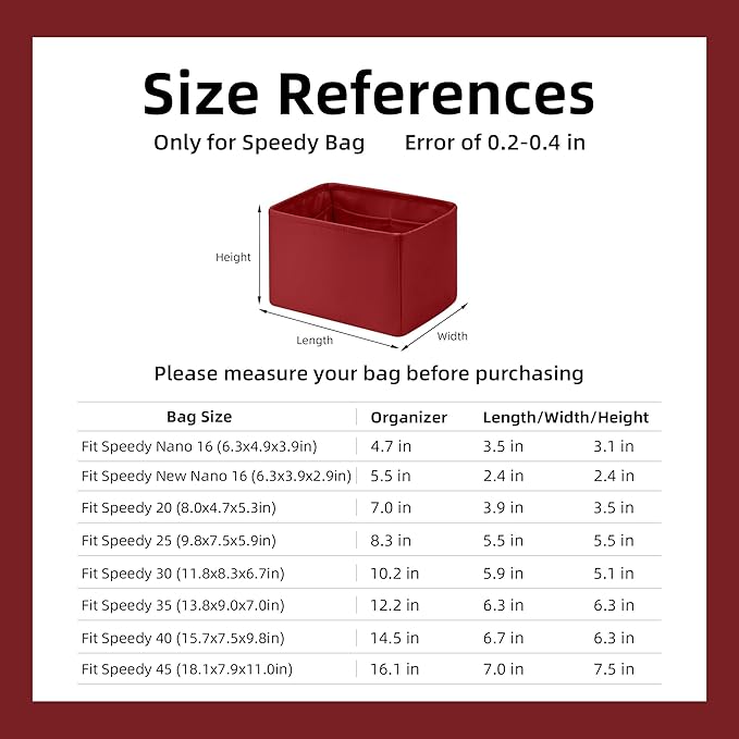 DGAZ Silk Purse Organizer Insert Fits LV Speedy 16/20/25/30/35/45 bags，Silky Smooth Bag Organizer，Luxury Handbag & Tote Shaper（Wine Red，SP25）