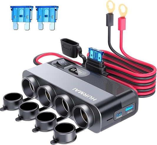 12V Socket Power Outlet, 10FT Cable 24V 216W Multi Port Outlet, 12 Volt Car Cigarette Lighter Adapter USB Charger Cigarette Lighter Socket, Power Supply Car Plug outlet Battery Adapter