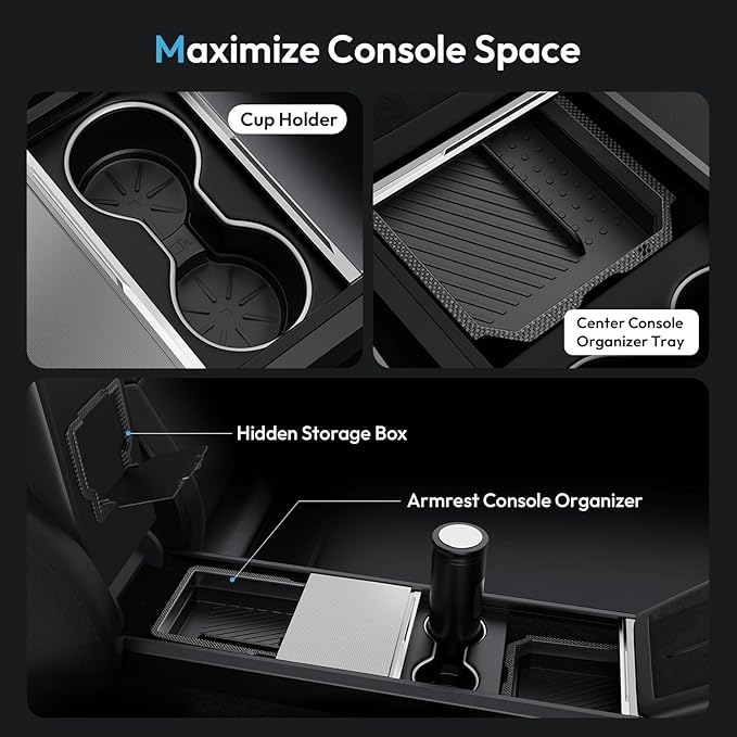 XINTUO Center Console Organizer Tray for Tesla Model Y Juniper 2025-2026 & Model 3 Highland 2024-2026 [Premium PC + Silent Silicone Liner] Cup Holder for Tesla Model Y Juniper Accessories