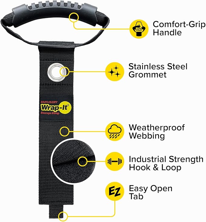 Easy-Carry Wrap-It Storage Straps - Assorted 3-Pack Black with Grommet - Power Cord Organizer Carrying Straps for RV Hose Storage and Accessories