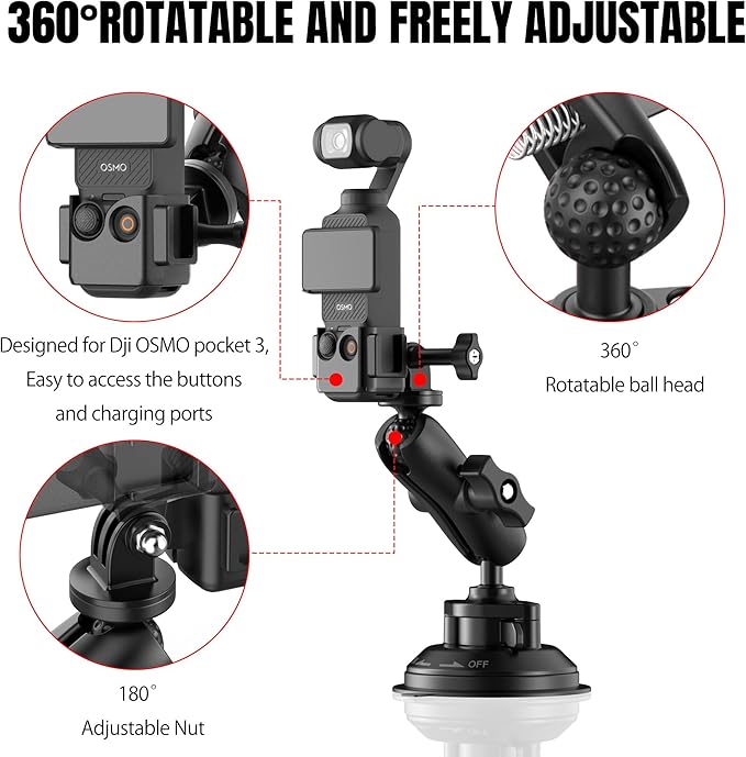 Suction Cup Mount for DJI Osmo Pocket 3, Heavy-Duty Car Windshield Window Dashboard Holder for Insta360 X5 X4 X3 with Expansion Adapter for GoPro 13/12/11/10/9/8/7